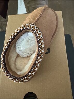 UGG Chestnut Suede Kids Slip-On Slipper with Braided Trim